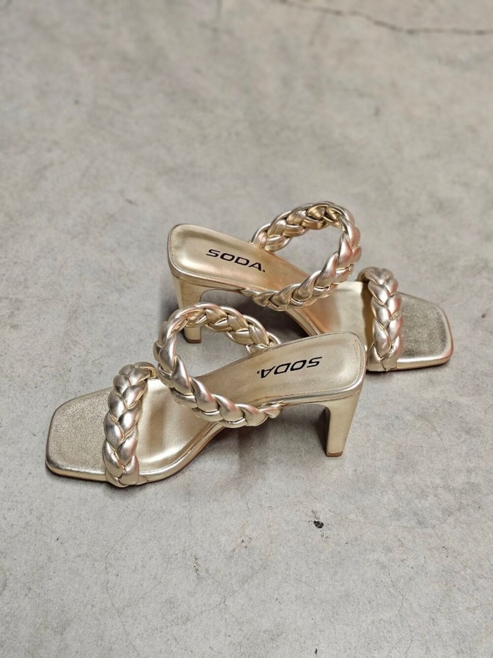 Braided Metallic Gold Block Heel Sandals Open Toe Square Toe Design Womens Shoes